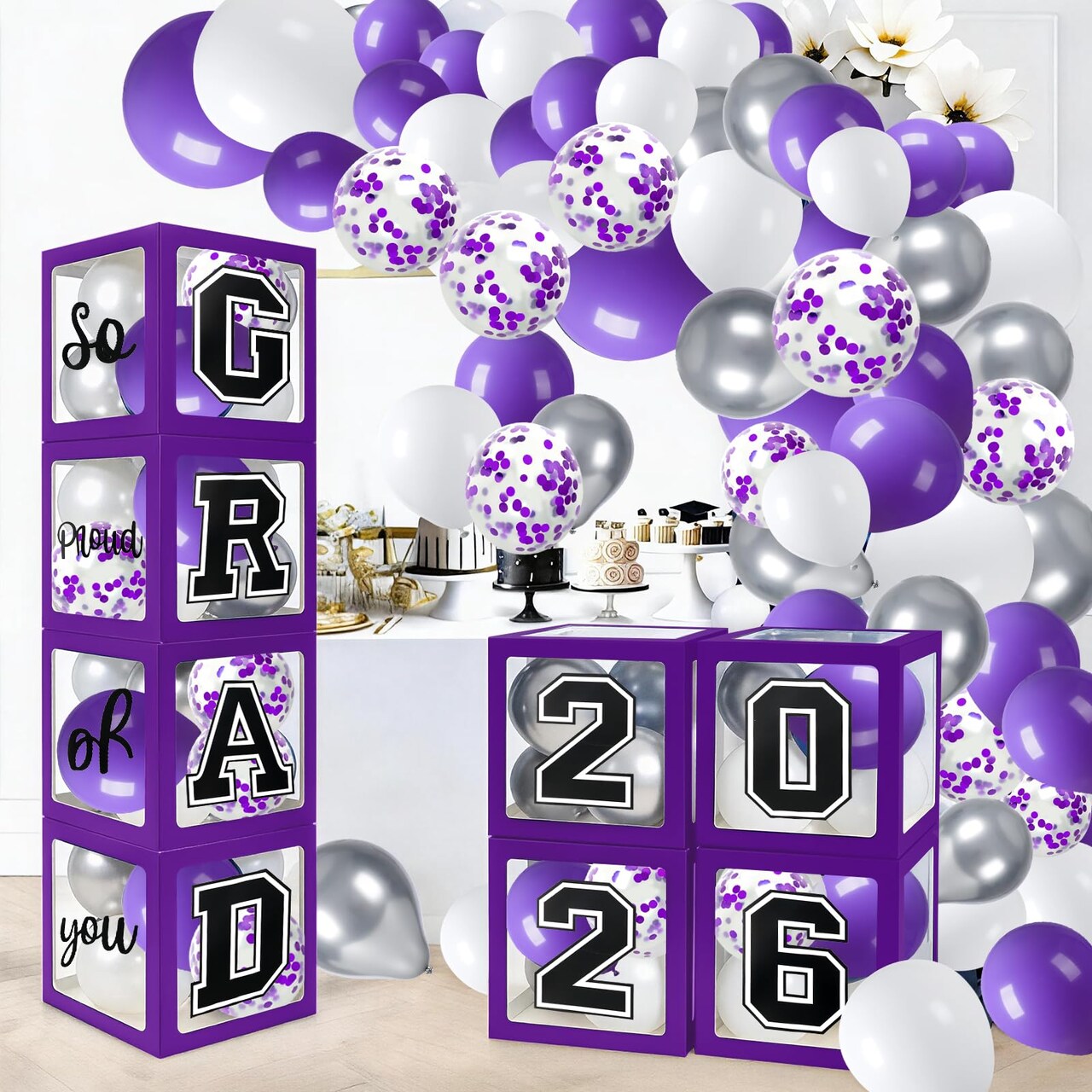 Graduation Decorations 2026 Graduation Party Decorations Set of 4 Boxes with 129pcs Balloons Arch Garland Kit Party Supplies for Any Grades Purple